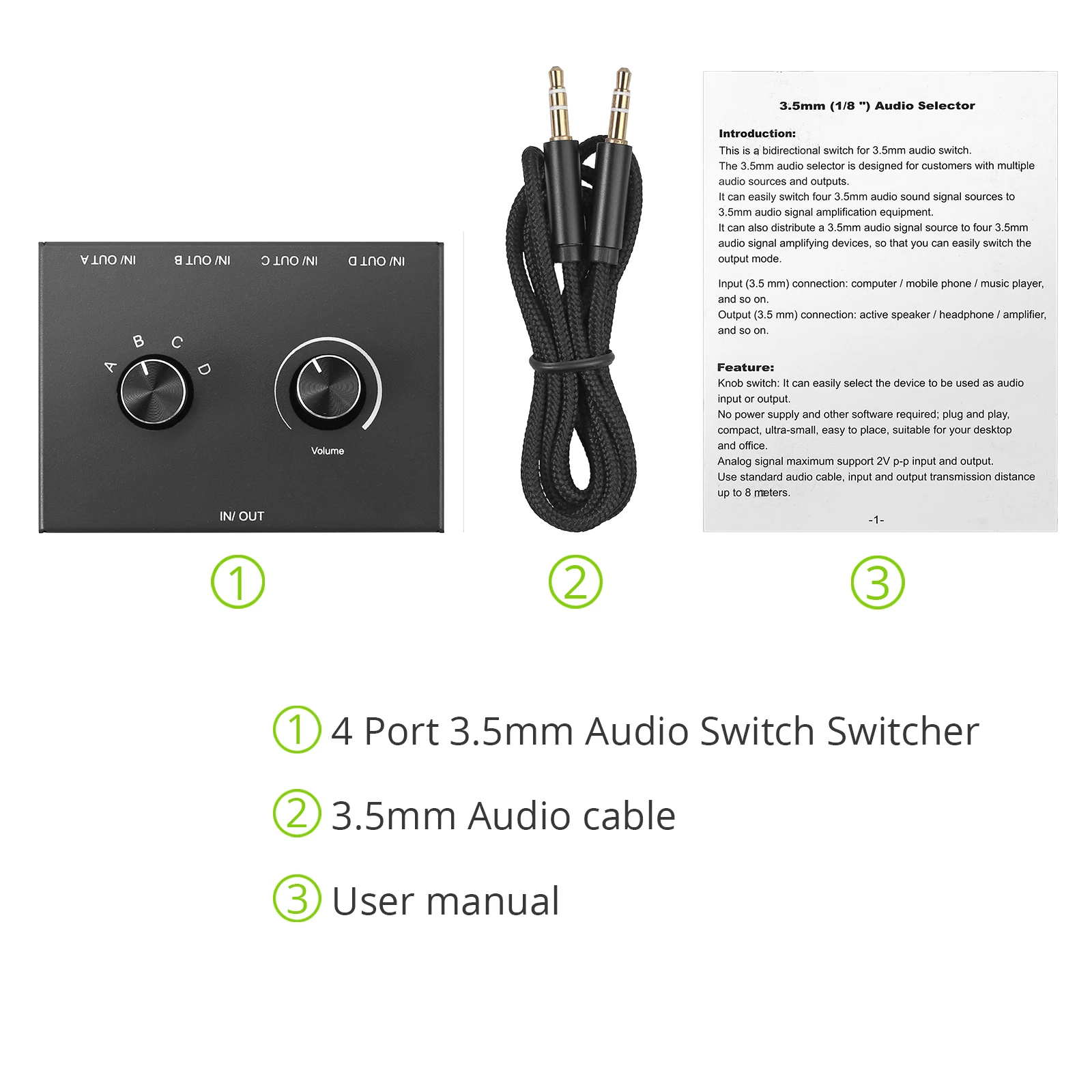 4 Way/2 Way 3.5mm Stereo Audio Switcher Bi-Directional Audio Switch Splitter Box 2 In 1 Out 4 In 1 Out with Mute Button thumbnail 6
