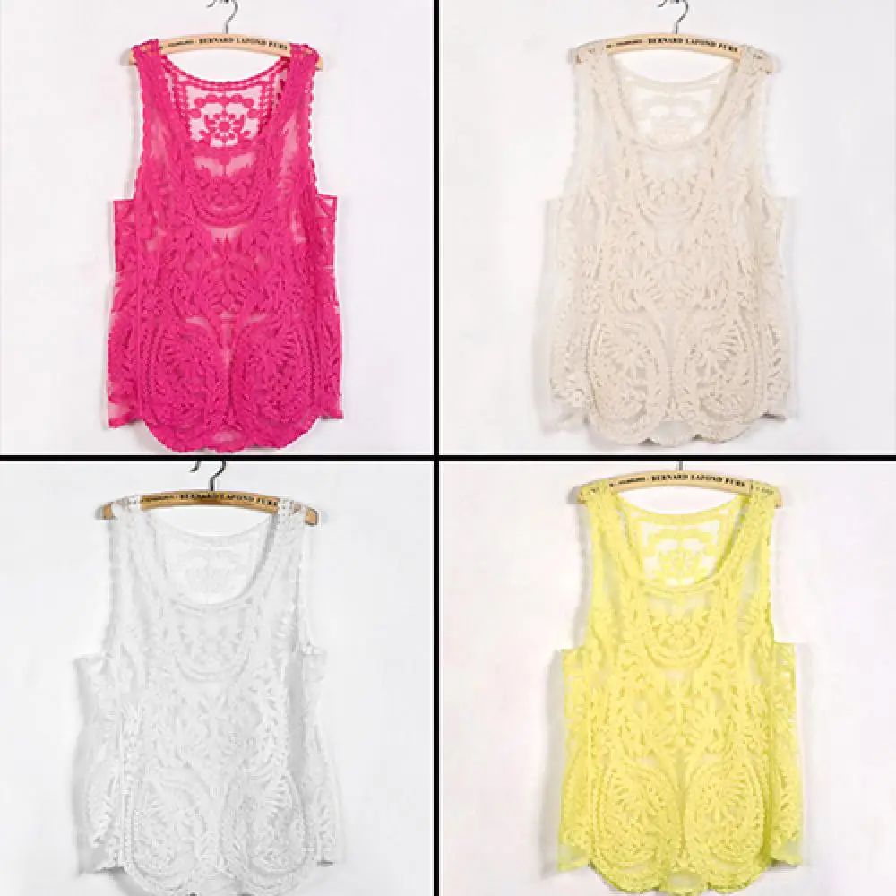 Women's Sleeveless Lace Tank Top Sexy Embroidery Hollow-out Floral Crochet Shirt Crochet T-Shirts For Women Lace Tee Shirt thumbnail 4