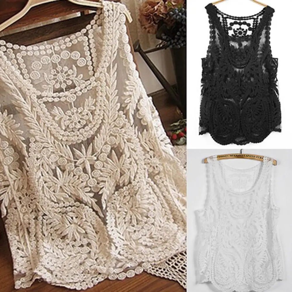 Women's Sleeveless Lace Tank Top Sexy Embroidery Hollow-out Floral Crochet Shirt Crochet T-Shirts For Women Lace Tee Shirt thumbnail 3