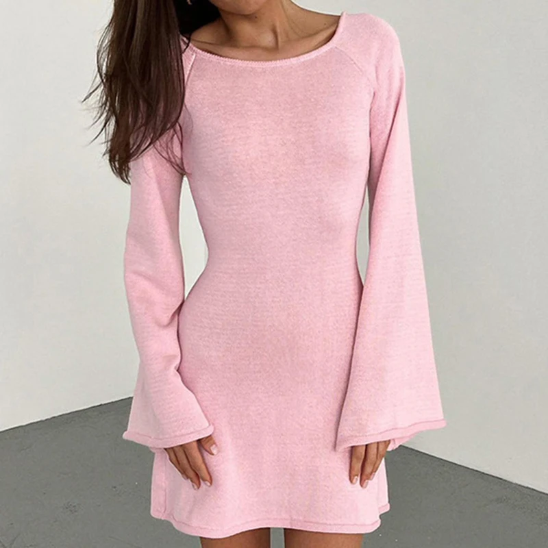 New sexy Backless Round Collar Cover-Ups Solid Color Knit Beachwear Stylish Horn Sleeve Beach suit Female Holiday wrap Dress thumbnail 2