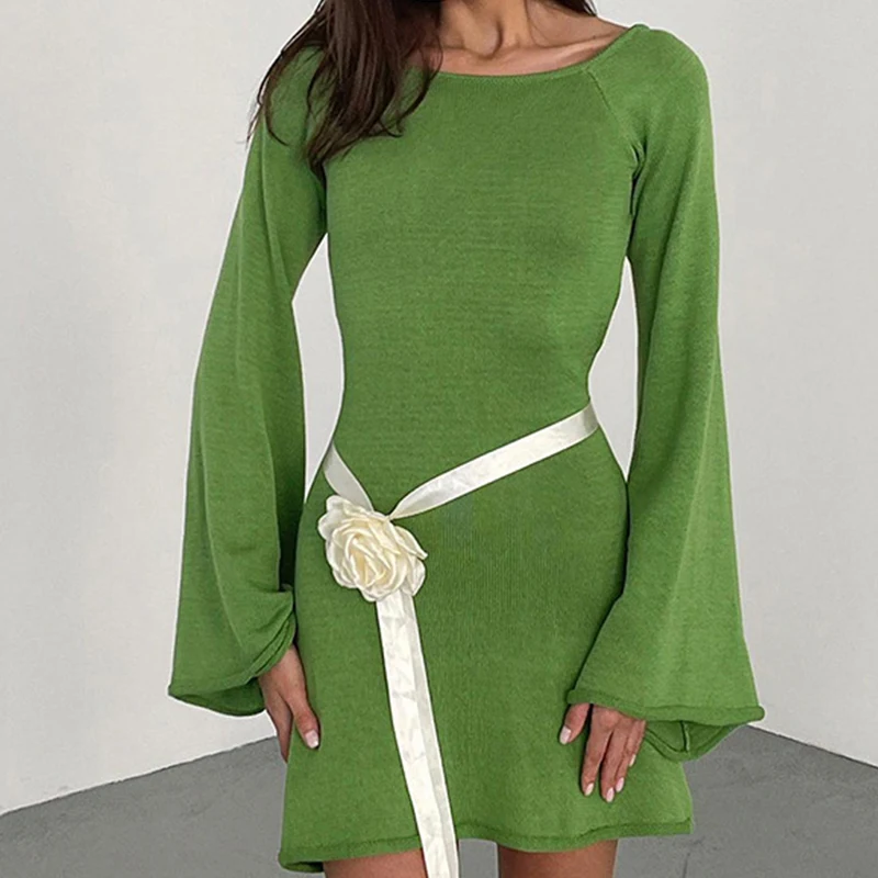 New sexy Backless Round Collar Cover-Ups Solid Color Knit Beachwear Stylish Horn Sleeve Beach suit Female Holiday wrap Dress thumbnail 5