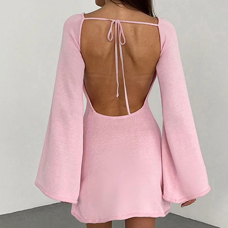 New sexy Backless Round Collar Cover-Ups Solid Color Knit Beachwear Stylish Horn Sleeve Beach suit Female Holiday wrap Dress thumbnail 3