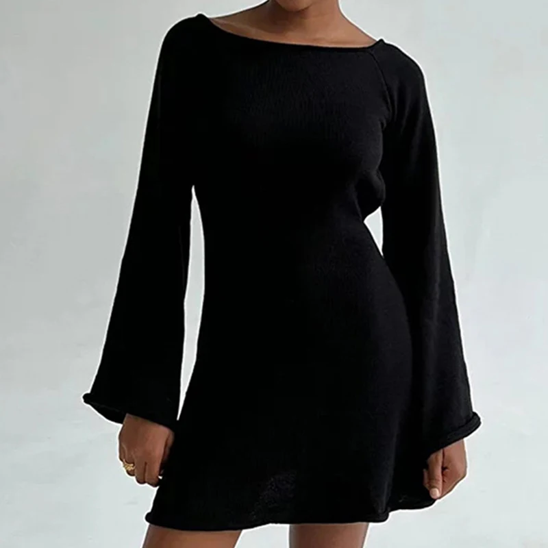 New sexy Backless Round Collar Cover-Ups Solid Color Knit Beachwear Stylish Horn Sleeve Beach suit Female Holiday wrap Dress thumbnail 6