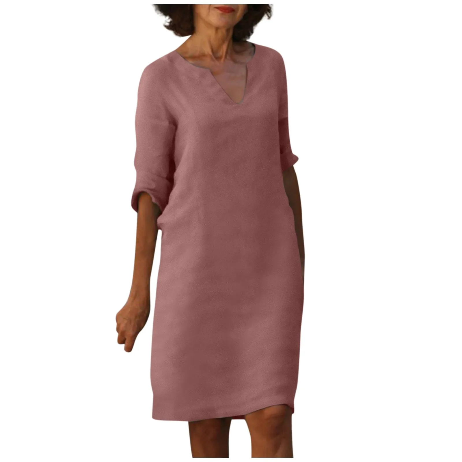 Cotton Linen Women's White Mini Dresses Half Sleeve Holiday Vacation Women's Dress V Neck Solid Color Women's Summer Party Dress thumbnail 3