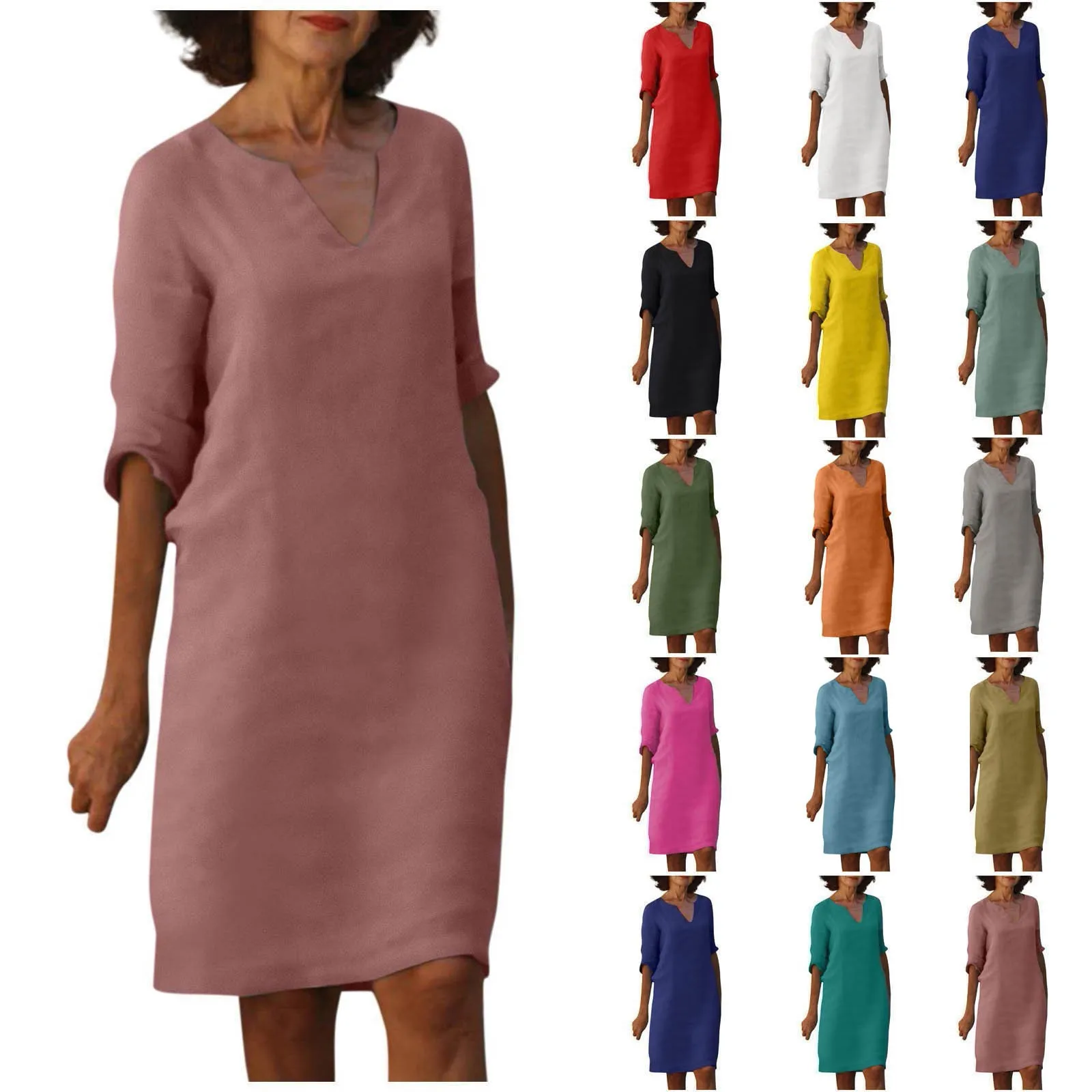 Cotton Linen Women's White Mini Dresses Half Sleeve Holiday Vacation Women's Dress V Neck Solid Color Women's Summer Party Dress thumbnail 2