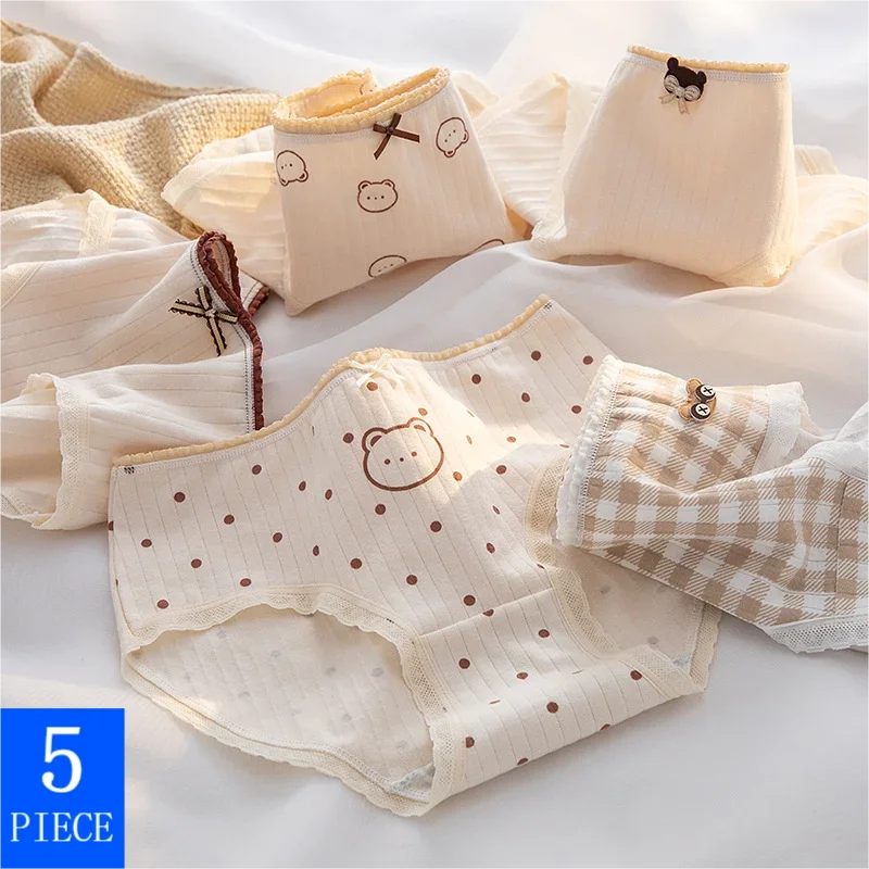 5Pcs/set Cute Cartoon Women's Cotton Underwear Breathable Girls Briefs Bow Lovely Panties Female Mid Waist Intimates Underpants