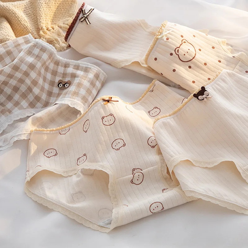 5Pcs/set Cute Cartoon Women's Cotton Underwear Breathable Girls Briefs Bow Lovely Panties Female Mid Waist Intimates Underpants thumbnail 3