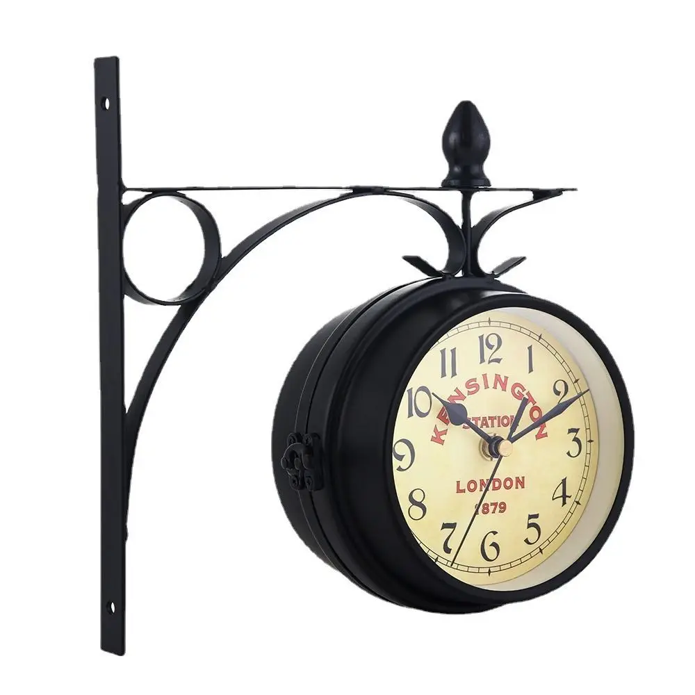 Double Sided Wall Clock High Quality Durable Retro Metal Clock Home Decor Garden Decoration Train Station thumbnail 3