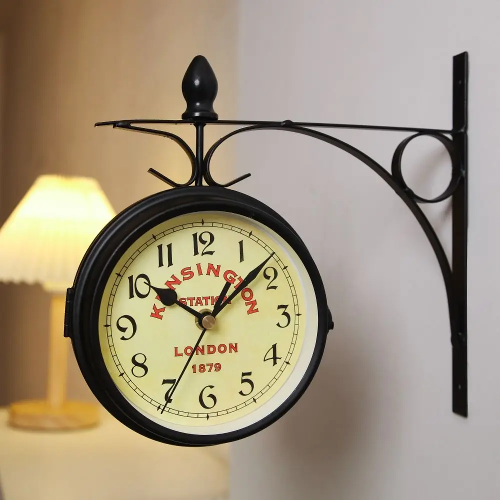 Double Sided Wall Clock High Quality Durable Retro Metal Clock Home Decor Garden Decoration Train Station thumbnail 2