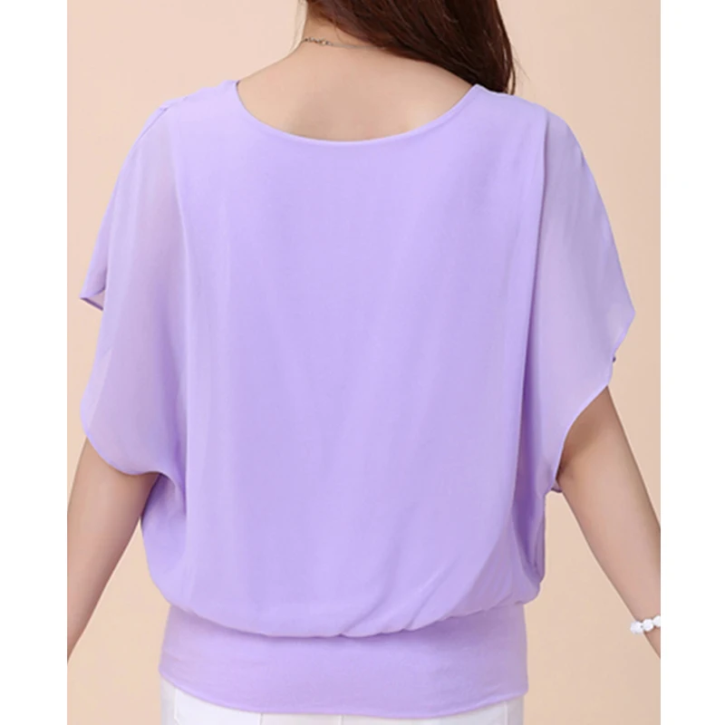 Chiffon Blouse Women Top Solid Color O Neck Loose Pullover Batwing Sleeve Ruffle Shirts Blouse Women's Clothing Casual Summertop thumbnail 4