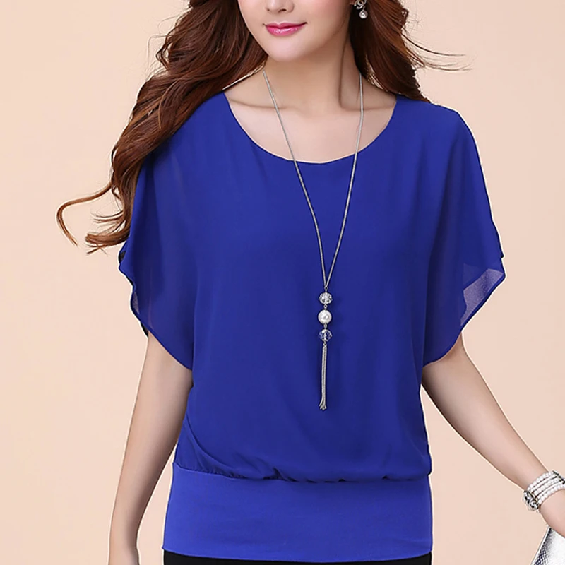Chiffon Blouse Women Top Solid Color O Neck Loose Pullover Batwing Sleeve Ruffle Shirts Blouse Women's Clothing Casual Summertop thumbnail 5
