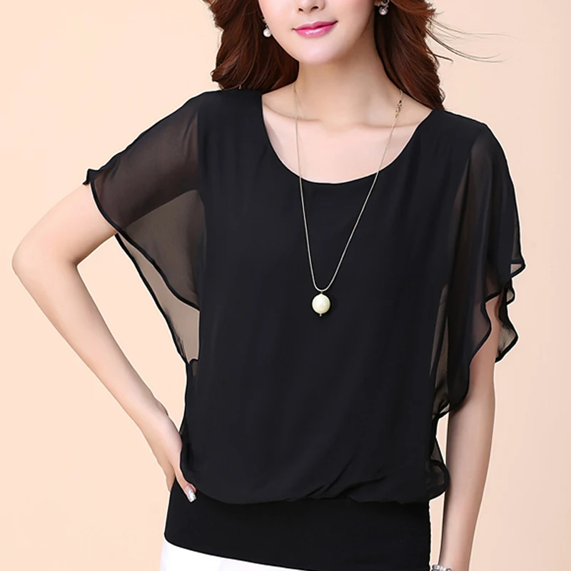 Chiffon Blouse Women Top Solid Color O Neck Loose Pullover Batwing Sleeve Ruffle Shirts Blouse Women's Clothing Casual Summertop thumbnail 2