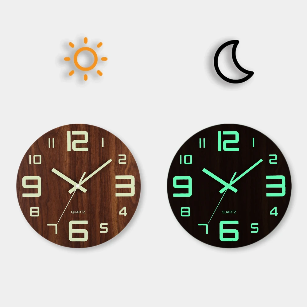 12 Inch Luminous Wall Clock Wood Silent light in dark night Nordic Fashion Wall Clock Non Ticking Clock With Night Light thumbnail 2