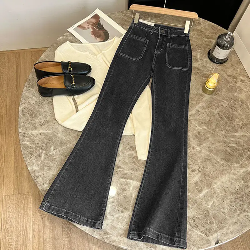 New High Waist Trousers Loose Washed Jeans Pockets Slim Denim Flare Classic Women Vintage Stretch Straight Trousers All-match thumbnail 2