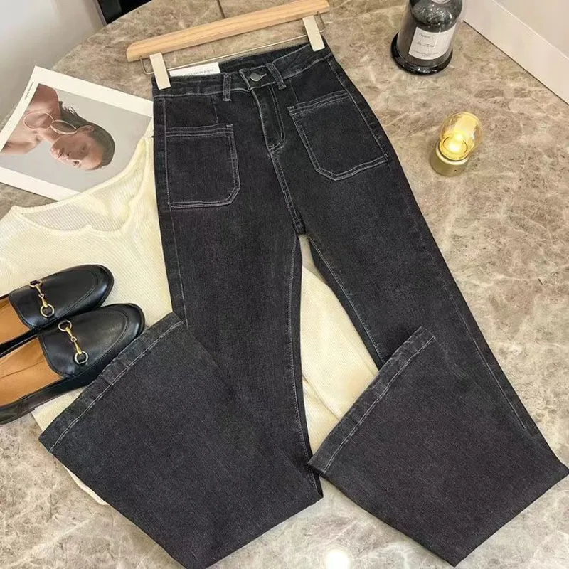 New High Waist Trousers Loose Washed Jeans Pockets Slim Denim Flare Classic Women Vintage Stretch Straight Trousers All-match thumbnail 5