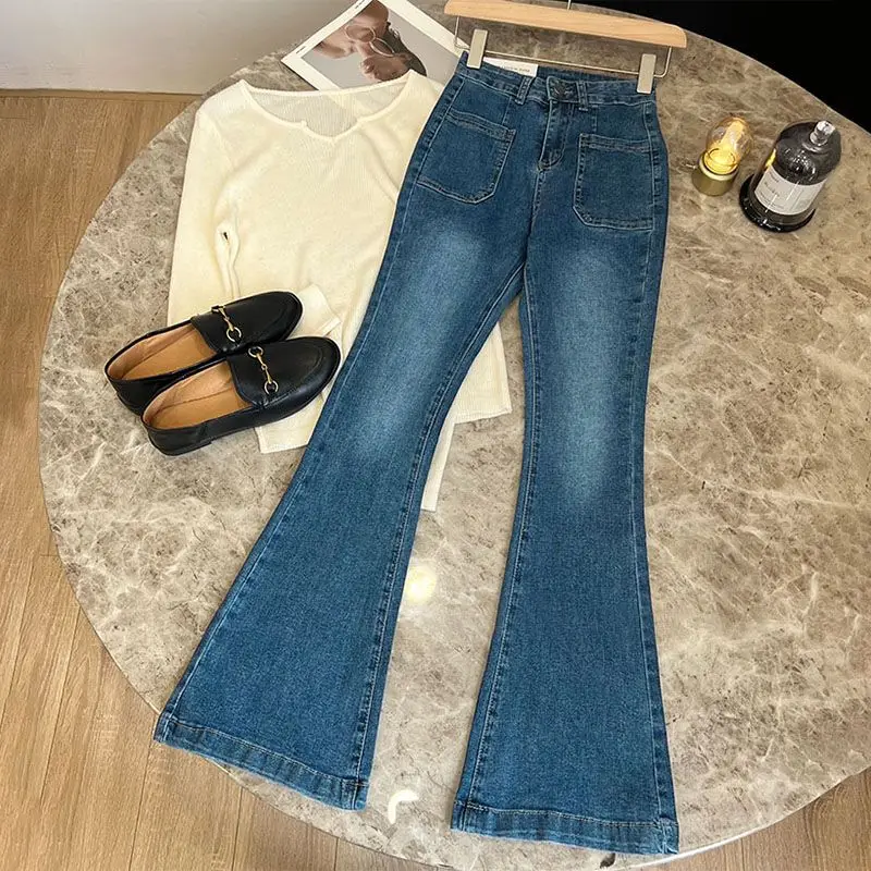 New High Waist Trousers Loose Washed Jeans Pockets Slim Denim Flare Classic Women Vintage Stretch Straight Trousers All-match thumbnail 3