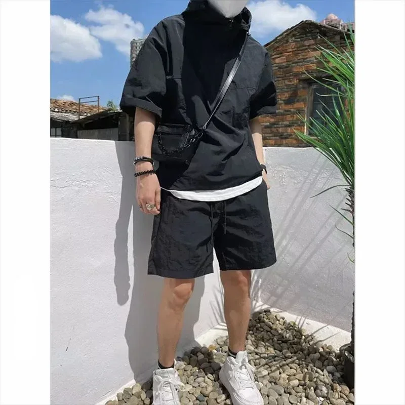 Summer Cargo Style Set Men's Casual Hooded Solid Short Sleeve T-shirt Shorts Loose Fashion High Quality Handsome Sweatshirt Suit thumbnail 5