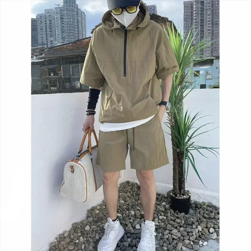 Summer Cargo Style Set Men's Casual Hooded Solid Short Sleeve T-shirt Shorts Loose Fashion High Quality Handsome Sweatshirt Suit thumbnail 6