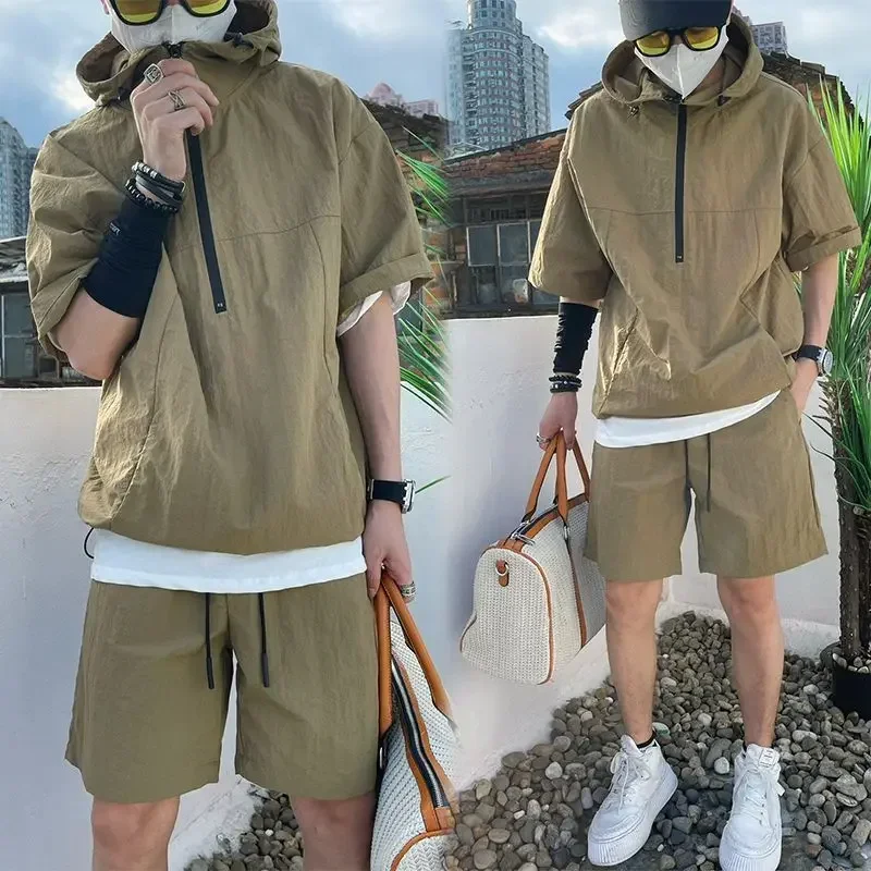 Summer Cargo Style Set Men's Casual Hooded Solid Short Sleeve T-shirt Shorts Loose Fashion High Quality Handsome Sweatshirt Suit thumbnail 3