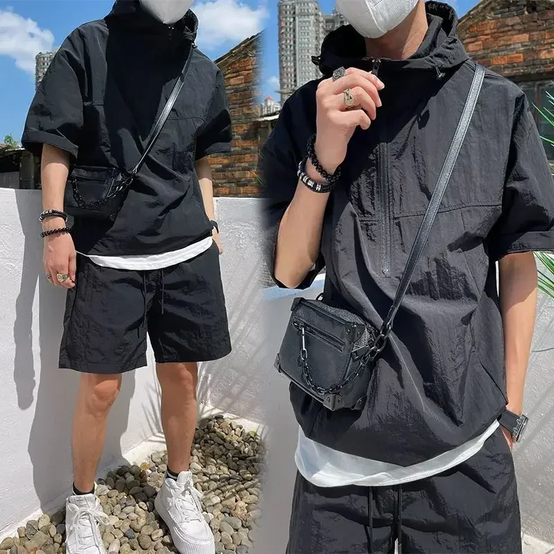 Summer Cargo Style Set Men's Casual Hooded Solid Short Sleeve T-shirt Shorts Loose Fashion High Quality Handsome Sweatshirt Suit thumbnail 2