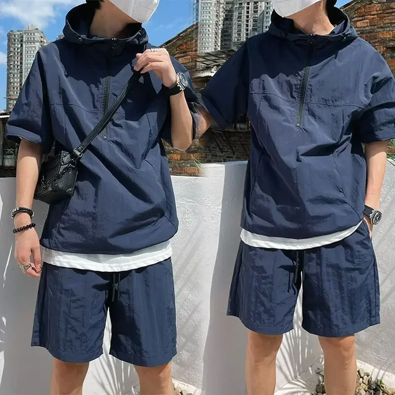 Summer Cargo Style Set Men's Casual Hooded Solid Short Sleeve T-shirt Shorts Loose Fashion High Quality Handsome Sweatshirt Suit thumbnail 4