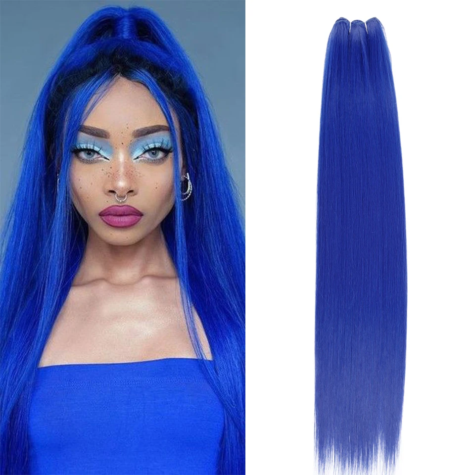 Blue Straight Hair Bundles Orange Brown Pink Chestnut Hair Weft Synthetic Heat Resistant Colorful Yaki Straight Hair Weaving