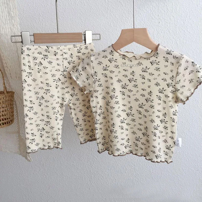 Baby Girl Nightgown Floral Suit Baby Full Printed T-shirts Summer 2pcs Toddler Girls Trendy Short Sleeve Pajamas Set Home Wear thumbnail 2