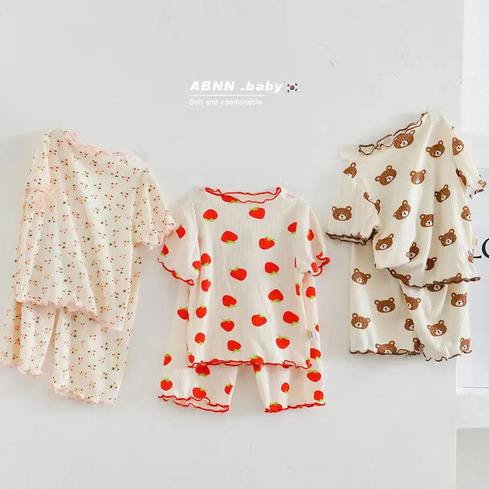 Baby Girl Nightgown Floral Suit Baby Full Printed T-shirts Summer 2pcs Toddler Girls Trendy Short Sleeve Pajamas Set Home Wear thumbnail 6