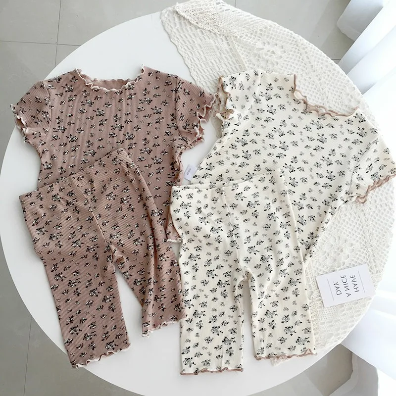 Baby Girl Nightgown Floral Suit Baby Full Printed T-shirts Summer 2pcs Toddler Girls Trendy Short Sleeve Pajamas Set Home Wear