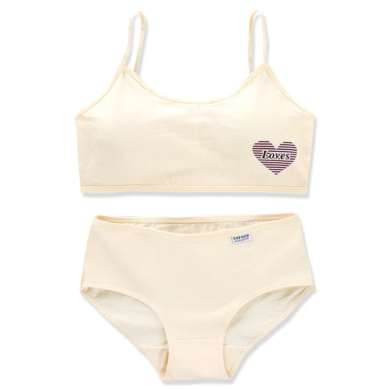 1Set Teenage Girls Training Bras and Panties Loves Printed Kids Cotton Underwear Set Young Children Wireless Bra Briefs Students thumbnail 4