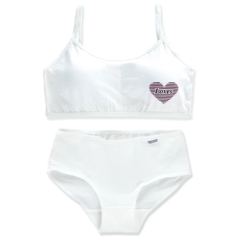 1Set Teenage Girls Training Bras and Panties Loves Printed Kids Cotton Underwear Set Young Children Wireless Bra Briefs Students thumbnail 6