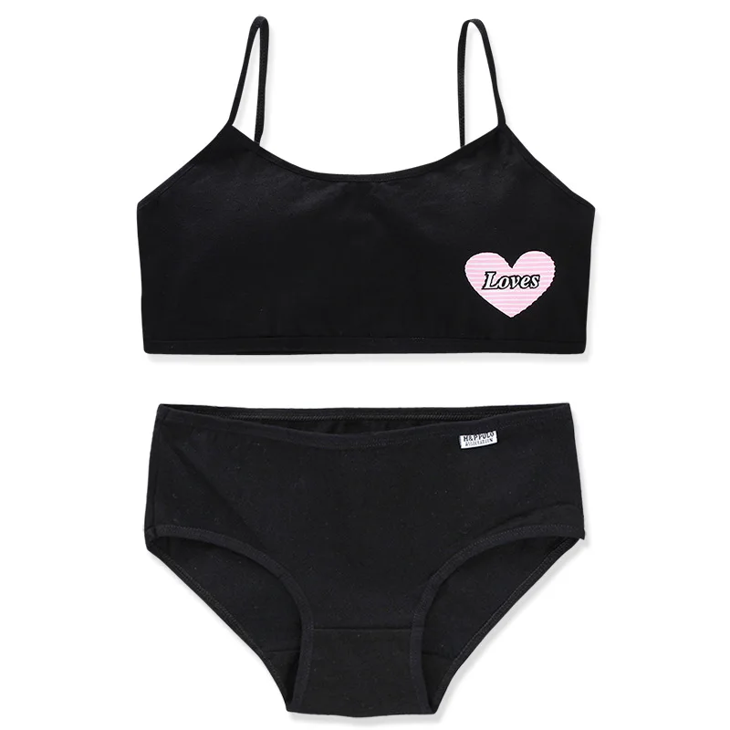 1Set Teenage Girls Training Bras and Panties Loves Printed Kids Cotton Underwear Set Young Children Wireless Bra Briefs Students thumbnail 5