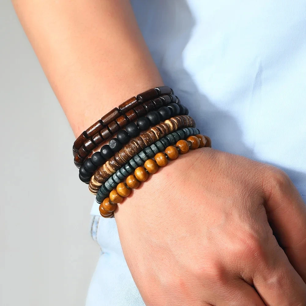 6/4PCS 3Style PU Wodeen Braided Wrap Leather Bracelet for Men Vintage Life Wood Beads Fashion Male Armband thumbnail 2