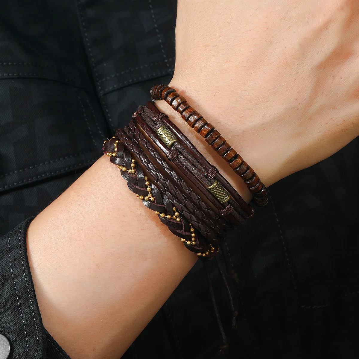 6/4PCS 3Style PU Wodeen Braided Wrap Leather Bracelet for Men Vintage Life Wood Beads Fashion Male Armband thumbnail 5