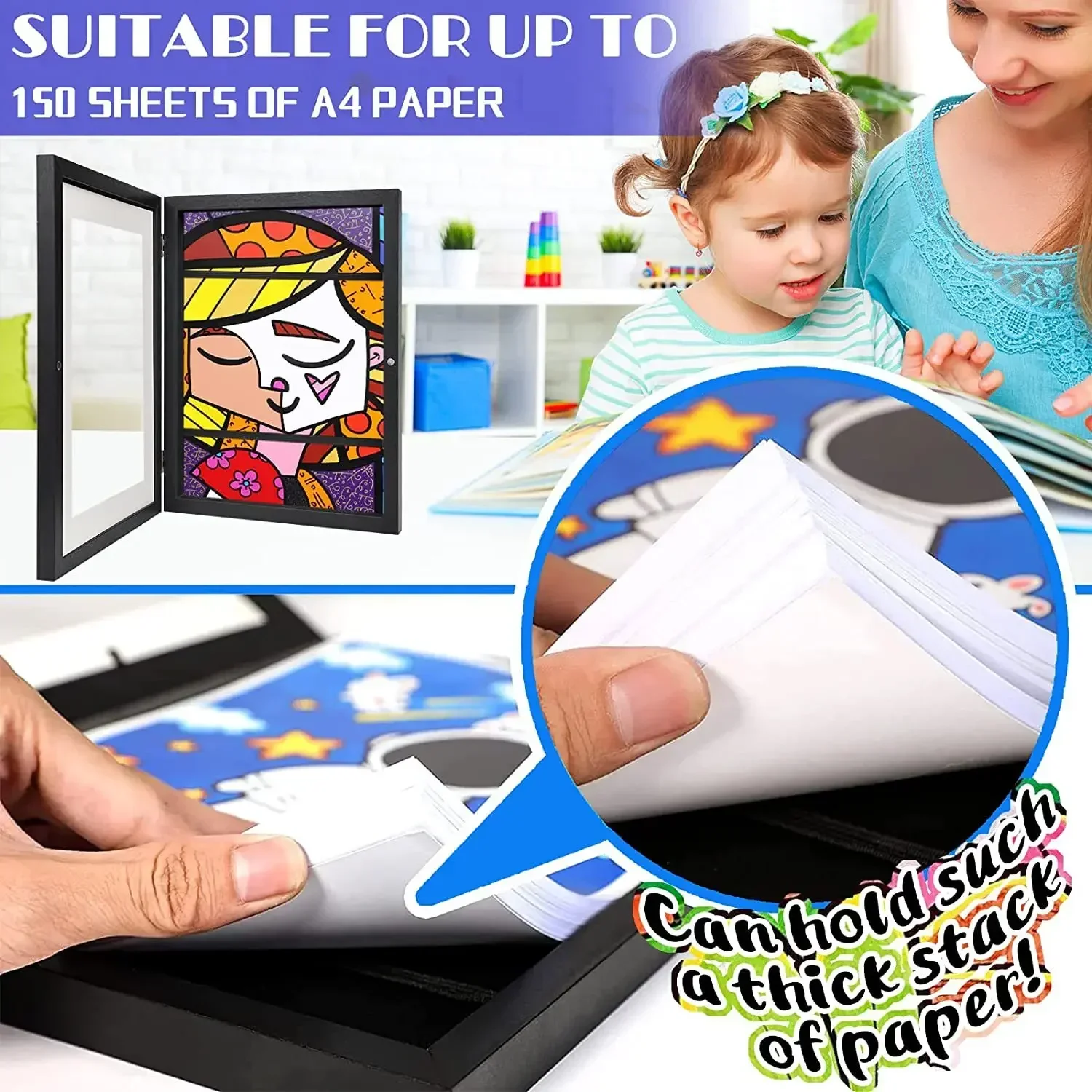Children Drawing Frame A4 Wooden poster frame for walls Children's Art frame Changeable Kids Pictures Display Frames Home Decor thumbnail 3