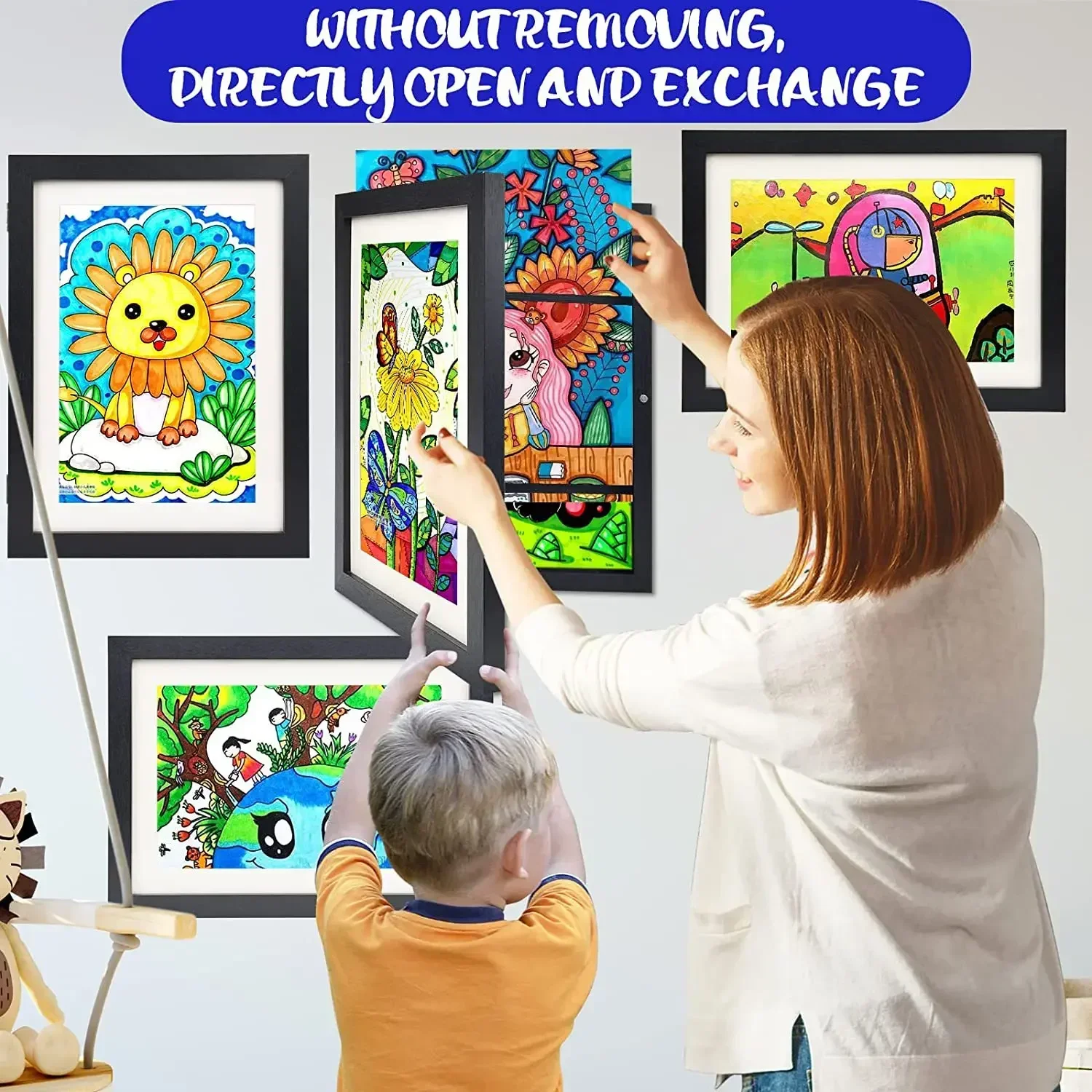Children Drawing Frame A4 Wooden poster frame for walls Children's Art frame Changeable Kids Pictures Display Frames Home Decor thumbnail 2