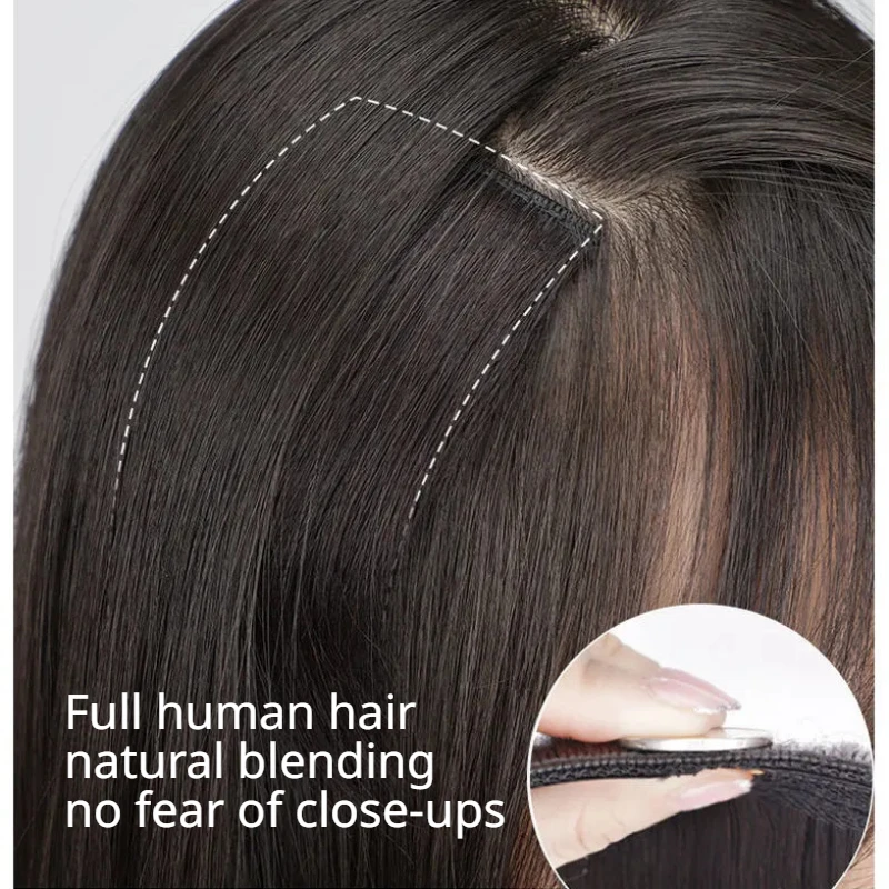 Real Human Hair Seamless Top Invisibility Hairpiece Thickened Root Pad Fluffy Cushion Wigs Piece Wig Hair Extensions for Woman thumbnail 2