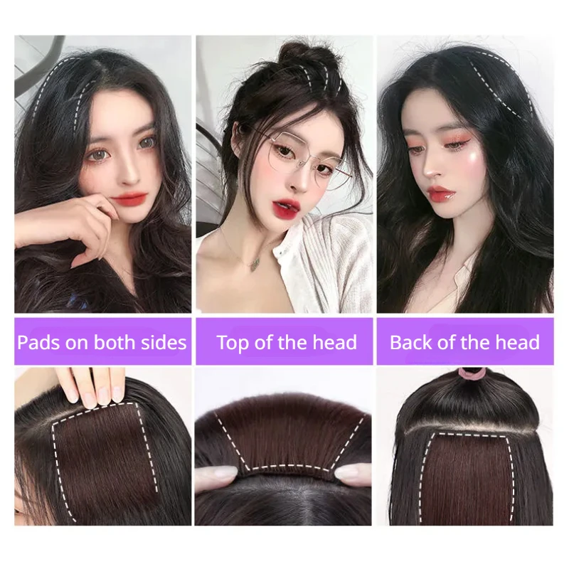 Real Human Hair Seamless Top Invisibility Hairpiece Thickened Root Pad Fluffy Cushion Wigs Piece Wig Hair Extensions for Woman thumbnail 6
