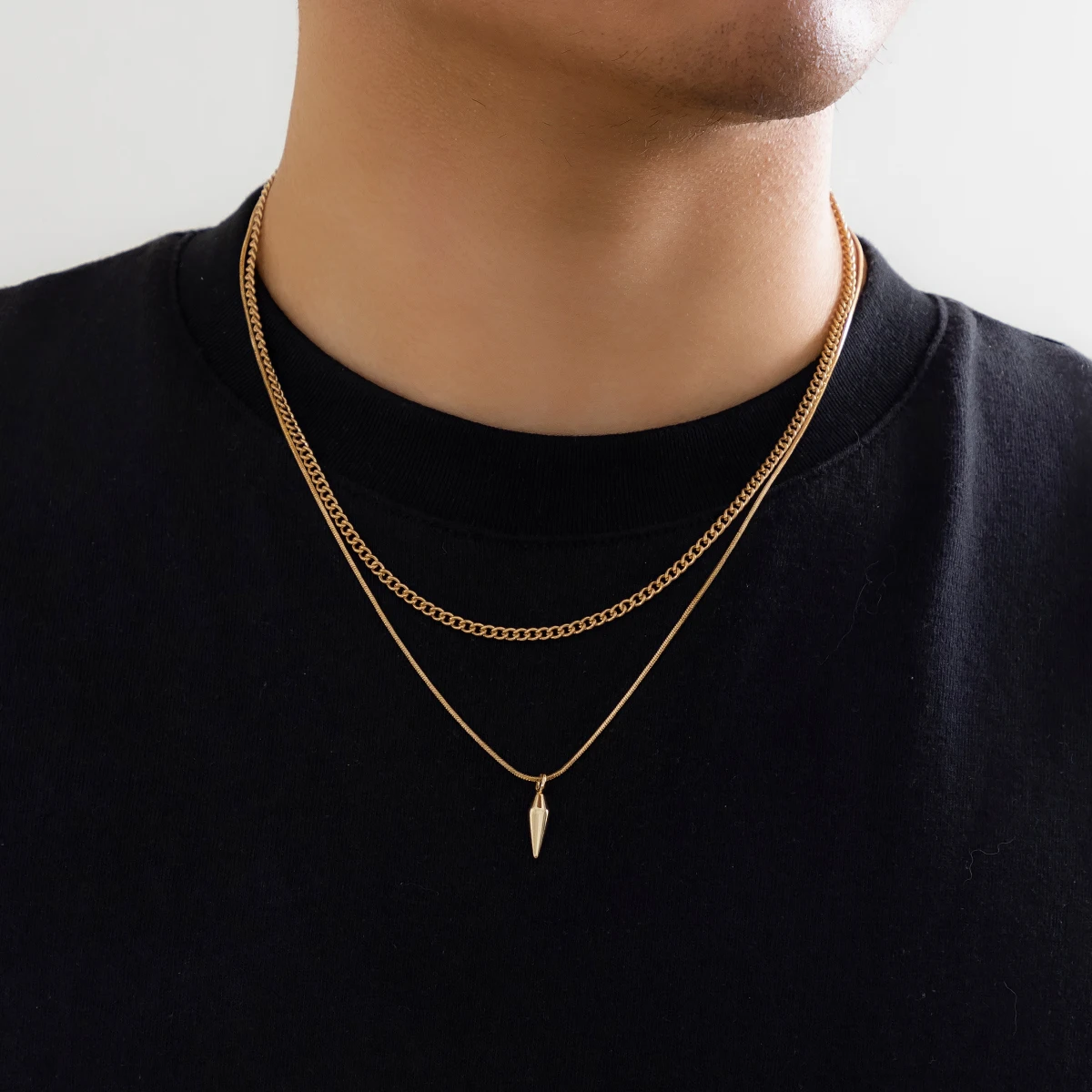 KunJoe 2pcs/set Stainless Steel Metal Rivet Pendant Thin Snake Chain Necklace for Men Punk Silver Color Cuban Link Chain Choker thumbnail 3