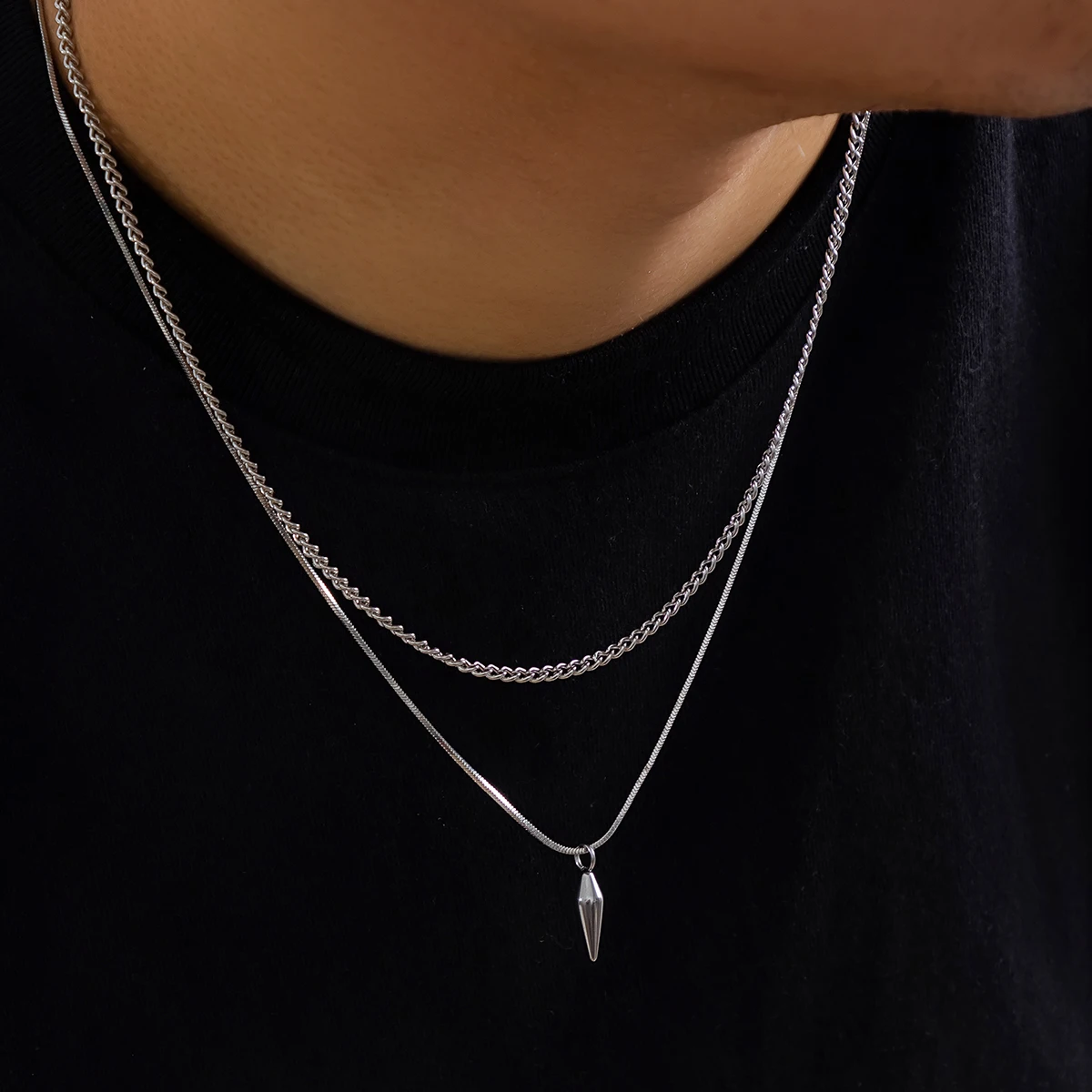 KunJoe 2pcs/set Stainless Steel Metal Rivet Pendant Thin Snake Chain Necklace for Men Punk Silver Color Cuban Link Chain Choker thumbnail 2