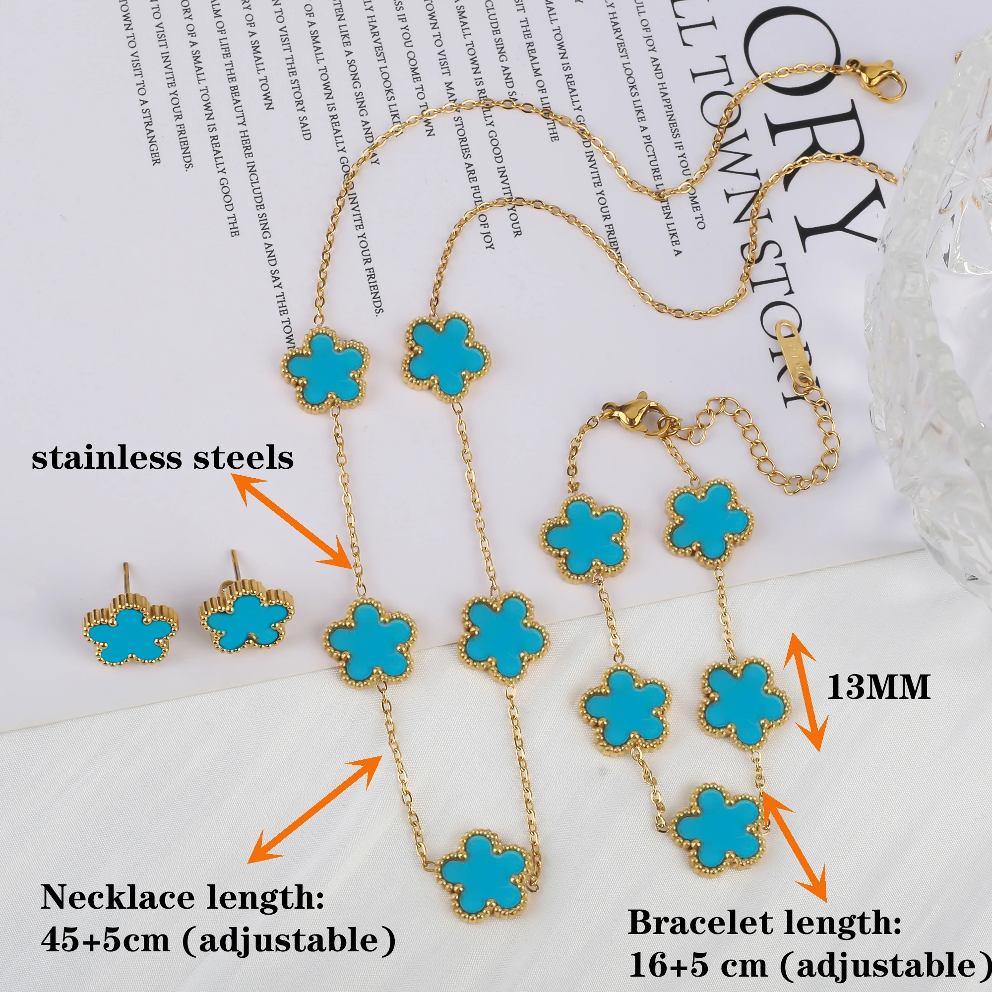 3Pcs 18k Gold-Plated Five-Leaf Flower Necklace Earrings Bracelet Jewelry Set For Woman Fashion Party Jewelry Daily Wear Clover thumbnail 4
