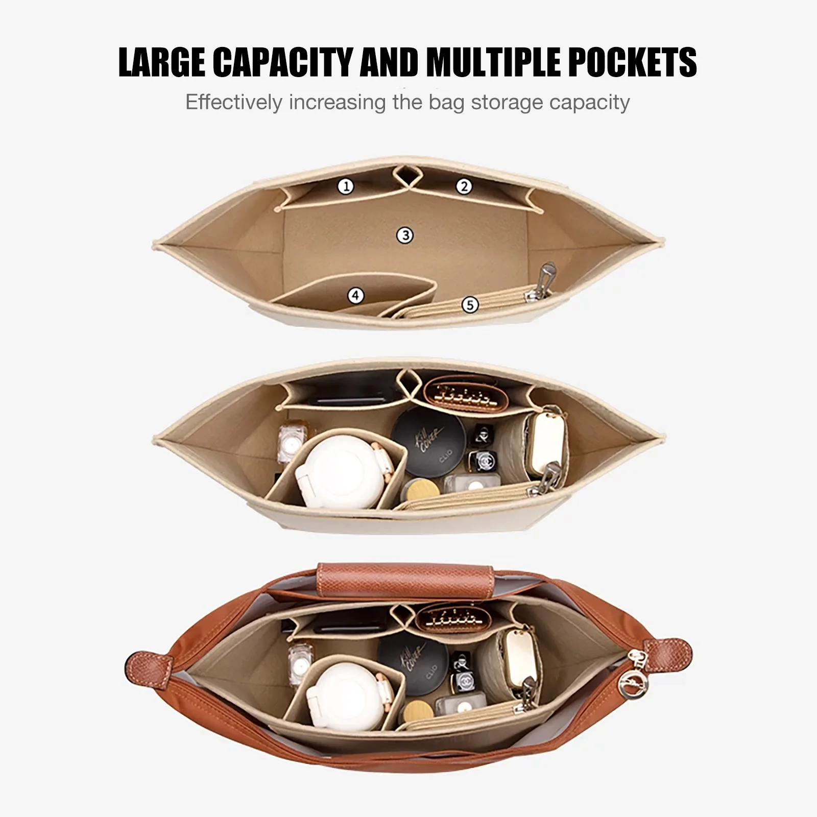 Felt Insert Bag Fits For Longchamp Handbag Liner Bag Felt Cloth Makeup Bag Support Travel Portable Insert Purse Organizer thumbnail 4