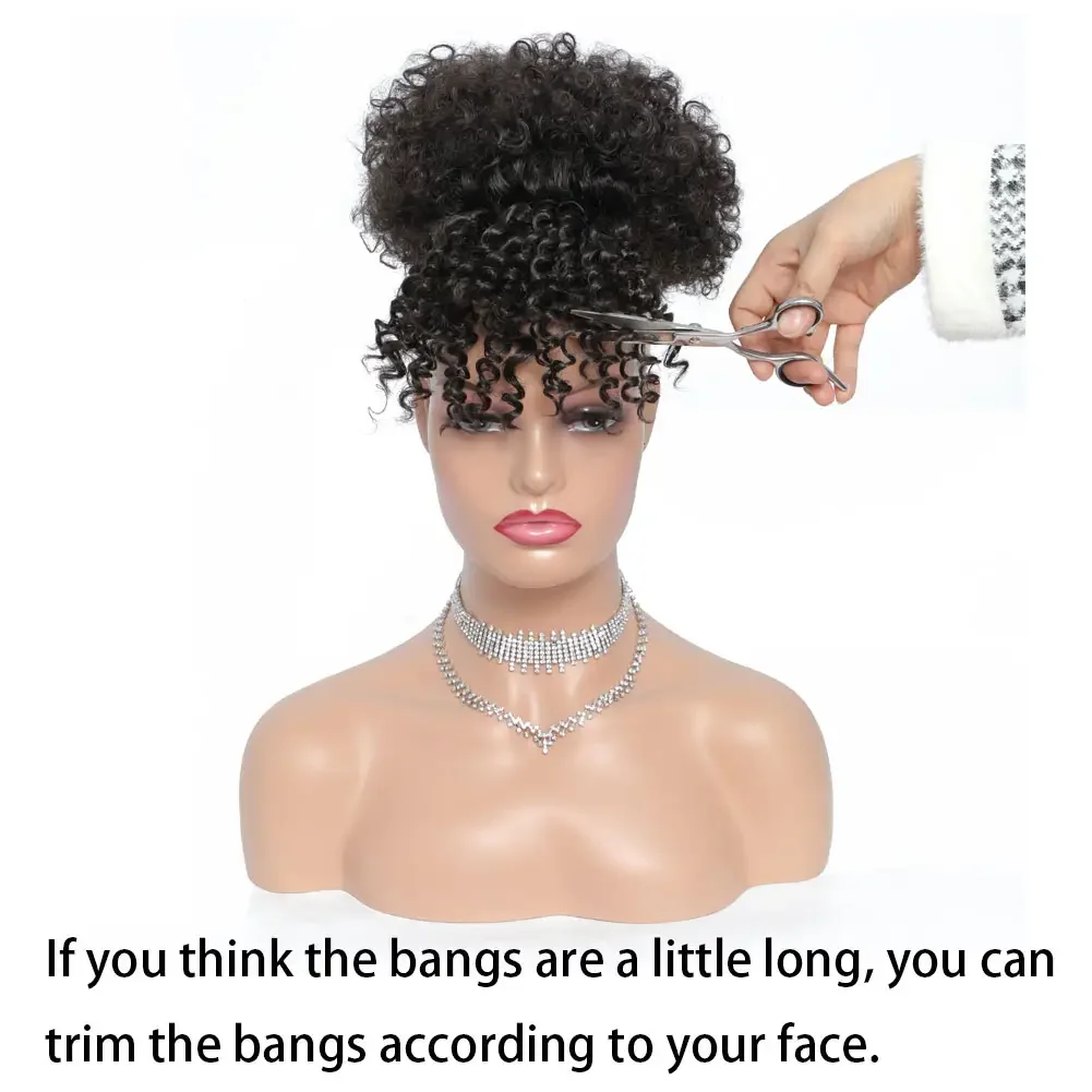 Synthetic Afro Puff Hair Bun Extensions Drawstring Ponytail With Bangs Short Kinky Curly Pineapple Clip in on Wrap Updo Ponytail thumbnail 4