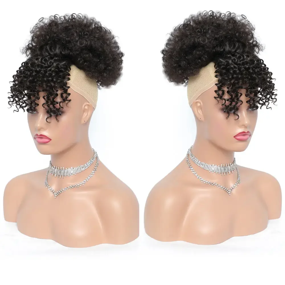 Synthetic Afro Puff Hair Bun Extensions Drawstring Ponytail With Bangs Short Kinky Curly Pineapple Clip in on Wrap Updo Ponytail thumbnail 3