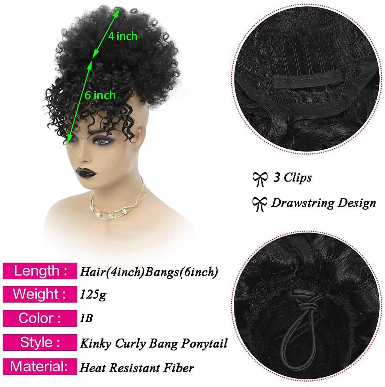 Synthetic Afro Puff Hair Bun Extensions Drawstring Ponytail With Bangs Short Kinky Curly Pineapple Clip in on Wrap Updo Ponytail thumbnail 2