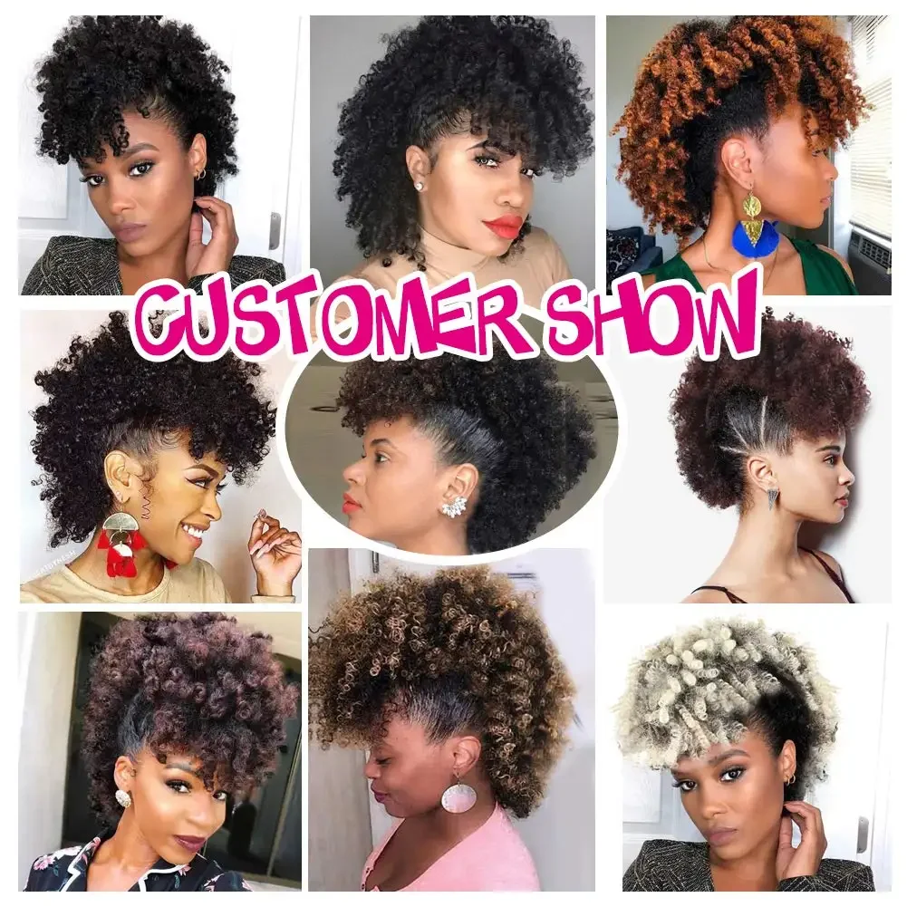 Tereshar Afro High Puff Synthetic Ponytail with Bangs Short Kinky Curly Ponytails Mohawk Ponytail Bun with Bangs for Black Women thumbnail 6