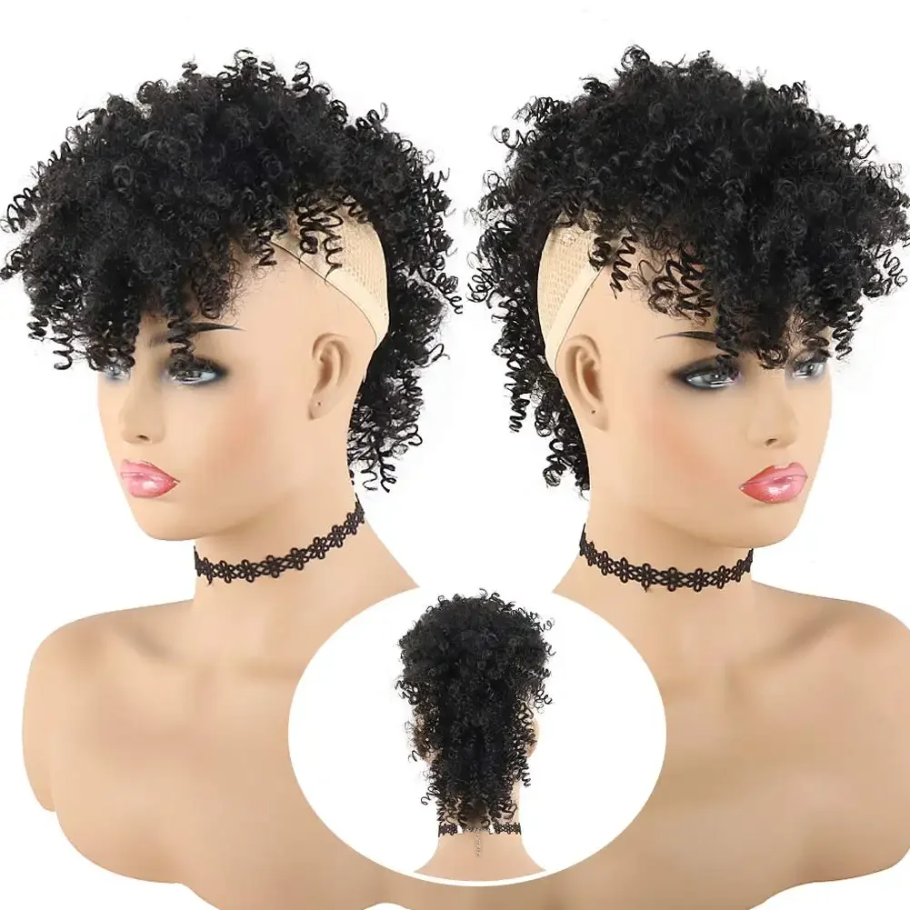 Tereshar Afro High Puff Synthetic Ponytail with Bangs Short Kinky Curly Ponytails Mohawk Ponytail Bun with Bangs for Black Women thumbnail 2