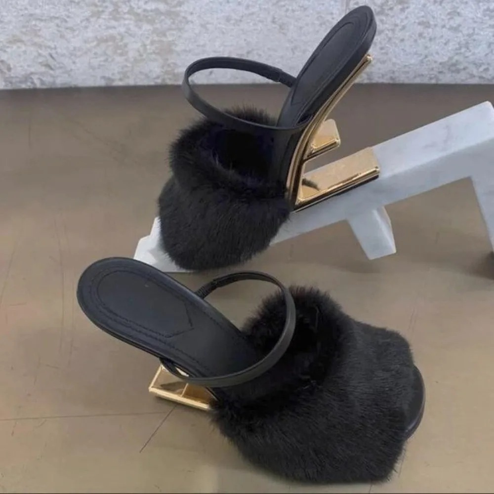 Fashion Women Fur Slippers Sexy Peep Toe Gladiator Sandals Dress Pumps Summer Women Wedge Shoes Strange Heel Mules High Heels thumbnail 3