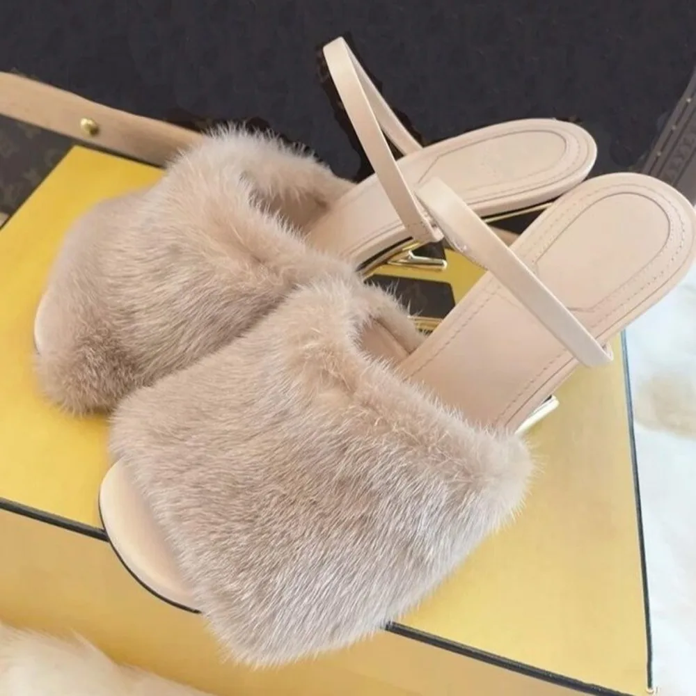 Fashion Women Fur Slippers Sexy Peep Toe Gladiator Sandals Dress Pumps Summer Women Wedge Shoes Strange Heel Mules High Heels thumbnail 4