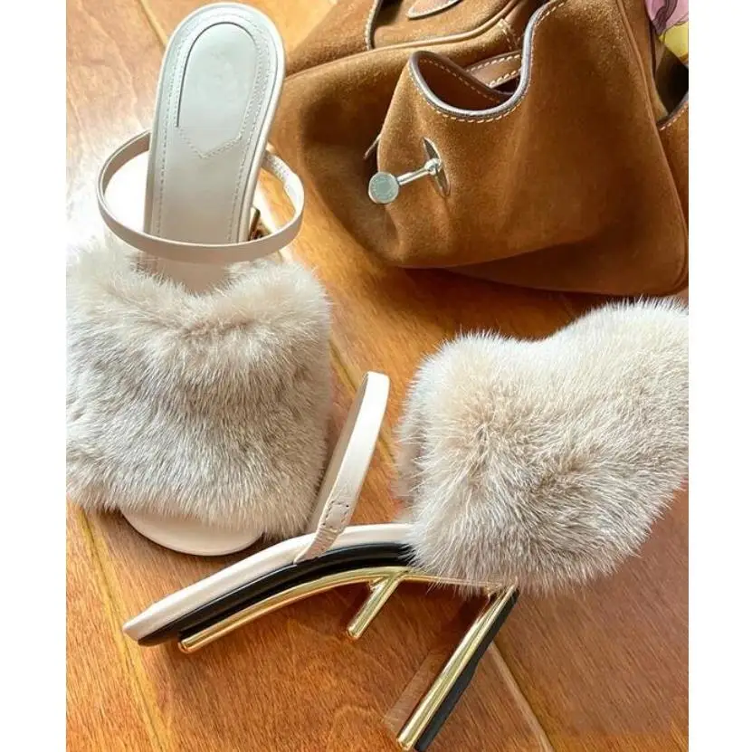 Fashion Women Fur Slippers Sexy Peep Toe Gladiator Sandals Dress Pumps Summer Women Wedge Shoes Strange Heel Mules High Heels thumbnail 2